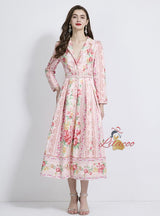 Holiday Floral Print Long Sleeve Long Dress