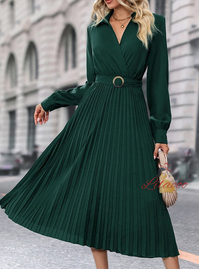 Long Sleeve V-neck Pleats Long Dress