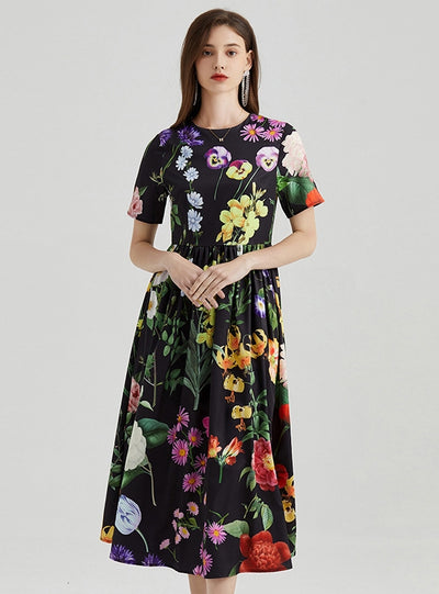 Flower Printed Short-sleeved Big Swing Dress