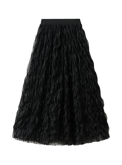 High Waist Slim Mid-length Pleated Yarn Skirt