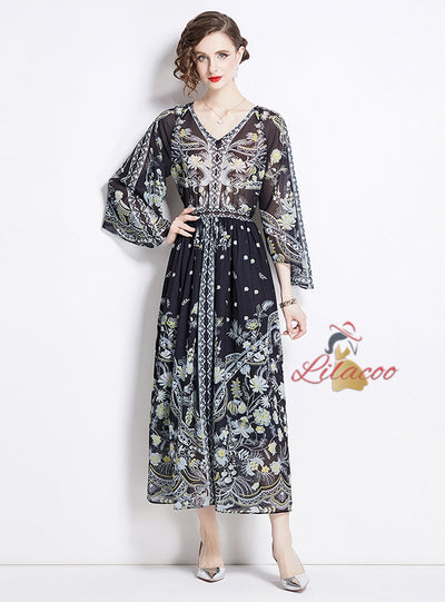 V-neck Short Sleeve Printed Chiffon Dress