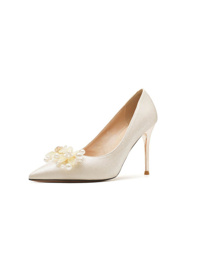 Satin Stilettos Floral White High Heels Shoes