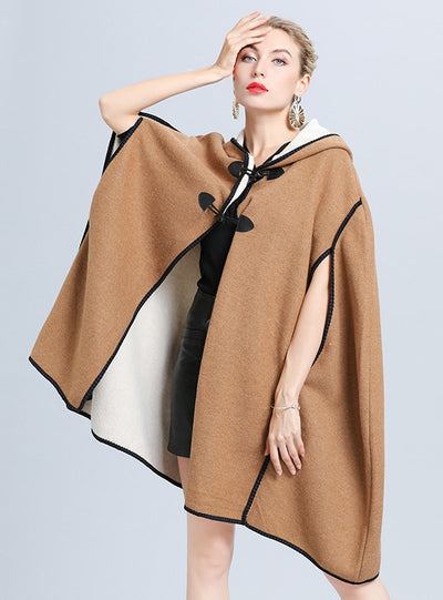 Large Size Loose Hooded Cloak Shawl Woolen Coat