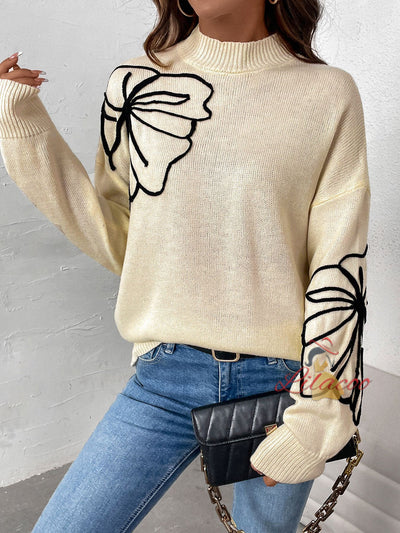 Half-turtleneck Flower Print Sweater Girl