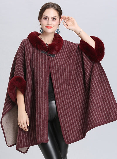 Wool Collar Striped Knit Cloak Shawl