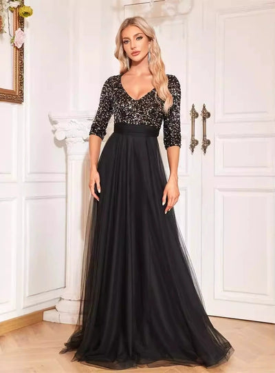 Black Sequins Tulle V-neck Short Sleeve Prom Dress