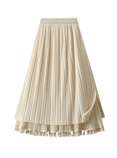 High Waist Gauze Fringed Pleats Skirt On Both Sides