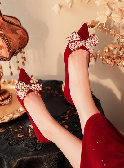 Red Thick Heel Bow Wedding Shoes