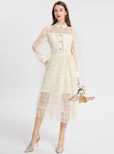 Lace Stitching Gauze Long Sleeve Dress