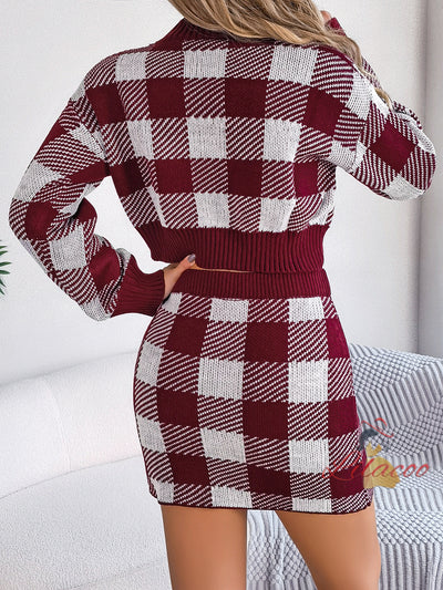 Casual Contrast Plaid Long Sleeve Sweater Skirt Suit