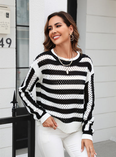 Hollow Striped Round Neck Long Sleeve Sweater