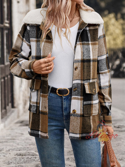 Women Sanded Pocket Lapel Plaid Coat