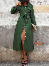 Lapel Green Long Sleeve Solid Color Dress