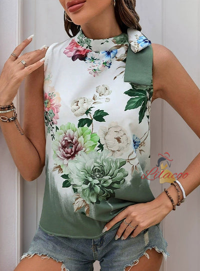 Printed Sleeveless Halter Lace-up Shirt