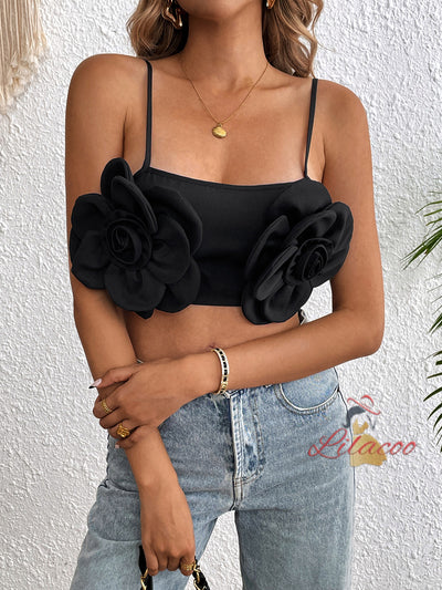 Elastic Curly Flower Black Suspender Vest