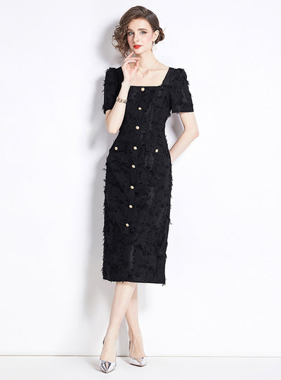 Retro Fringed Square Collar Short Sleeve Slim Dress