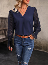 Long Sleeve V-neck Solid Color Shirt