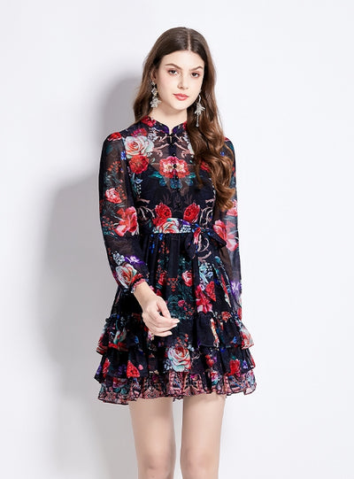 Chiffon High-necked Lantern Sleeve Mini Dress