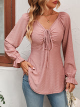 V-neck Drawstring Long Sleeve T-shirt