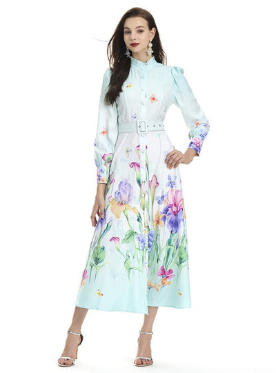 Lotus Leaf Lantern Sleeve Floral Print Dress