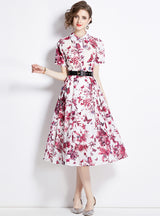 Lapel Short Sleeve Ink Print Big Swing Dress