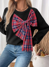 Crew Neck Plaid Stitching Bow Thick Top