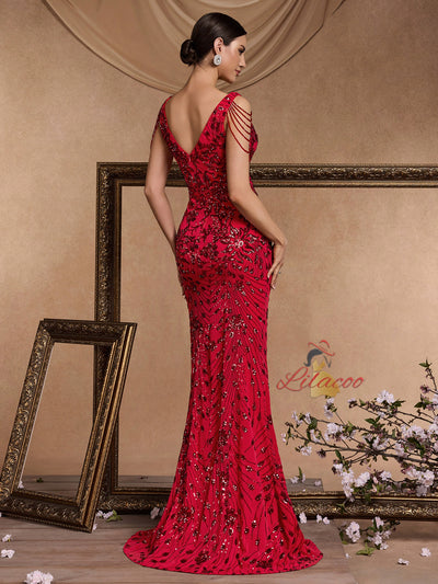 Red Mermaid Sequins V-neck Prom Dress