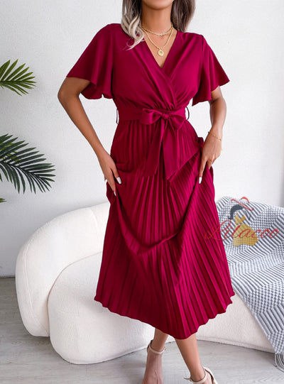 Cross V-neck Pleated Big Swing Dress