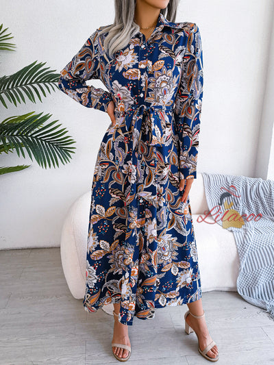 Retro Flower Lapel Lace-up Shirt Long Dress