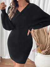 V-neck Bat Sleeve Solid Color Knitted Sweater Dress