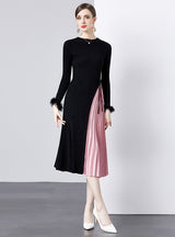 Round Neck Long Sleeve Feather Stitching Dress