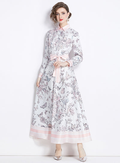 Retro Printed Lapel Long Sleeve Dress