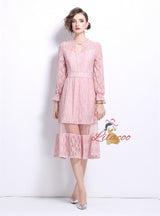 Pink Long-sleeved Stitching Lace Dress