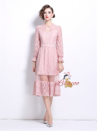 Pink Long-sleeved Stitching Lace Dress