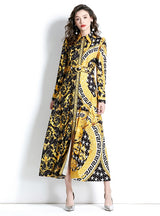 Retro Lapel Lantern Sleeve Long Printed Dress