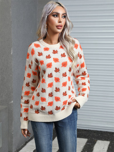 Leaves Print Christmas Crewneck Sweater