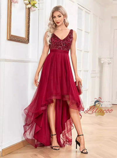 Burgundy Sequins V-neck Hi Lo Party Dress