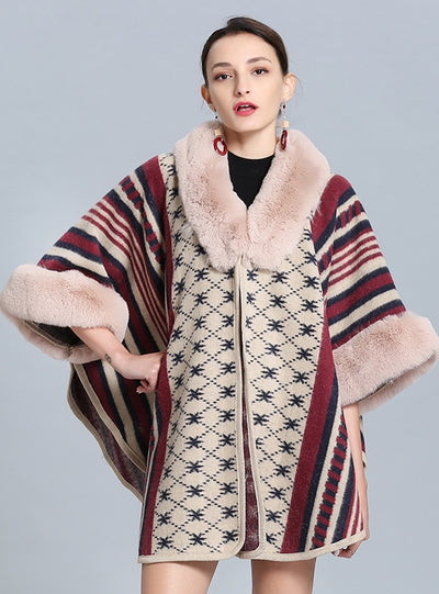 Fur Collar Knitted Shawl Cloak Coat