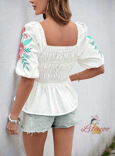 Casual Bubble Sleeve Embroidered Shirt