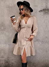 Long Sleeve Solid Color V-neck Button Dress