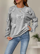 Bow Stitching Gray Round Neck Top