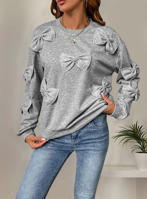 Bow Stitching Gray Round Neck Top