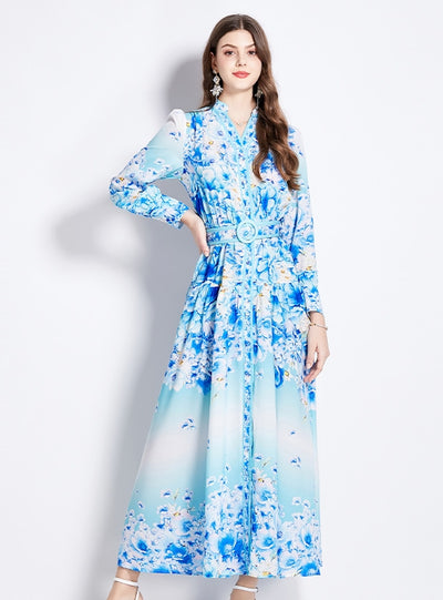 Retro Printed Shirt Lantern Long Sleeve Dress