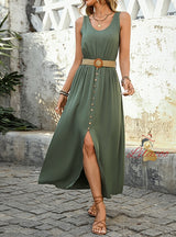 Split Solid Color Sleeveless Round Neck Long Dress