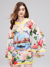 Printed Round Neck Long Sleeve Loose Short Dress