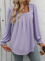 Bubble Sleeve Square Neck Pleated Long Sleeve T-shirt