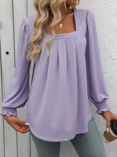 Bubble Sleeve Square Neck Pleated Long Sleeve T-shirt