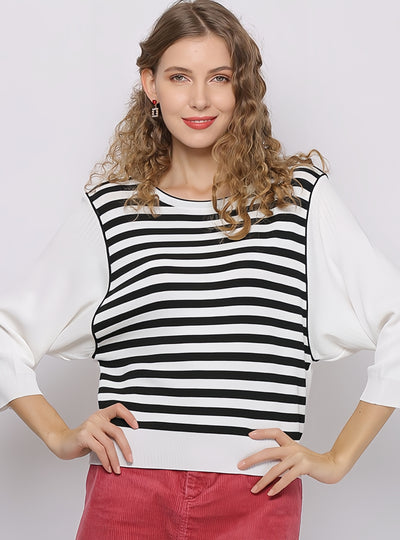 Loose Neck Bat Sleeve Striped T-shirt