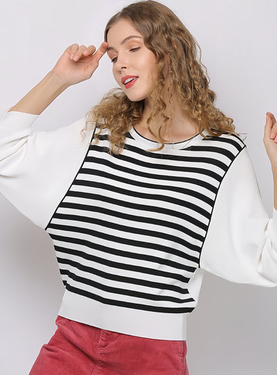 Loose Neck Bat Sleeve Striped T-shirt