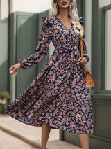 Long-sleeved Printed V-neck Dress